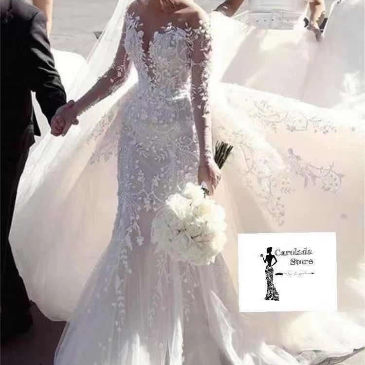 

S488 High quality custom Long Sleeve High Neck Lace Applique Crystal Beads mermaid wedding dress bridal gowns, White