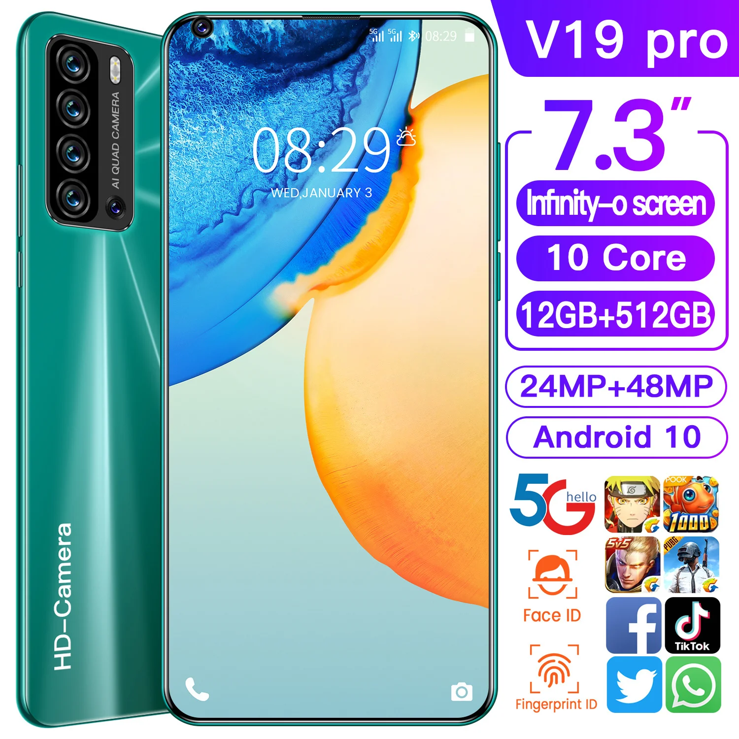 

7.3 inch V19 Pro 12GB + 512GB Android smartphone 10 core 5G LET phone Unlock mobile phone