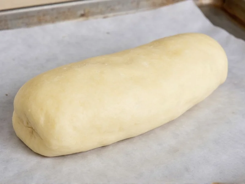Shaped hoagie bun dough resting on baking sheet before oven