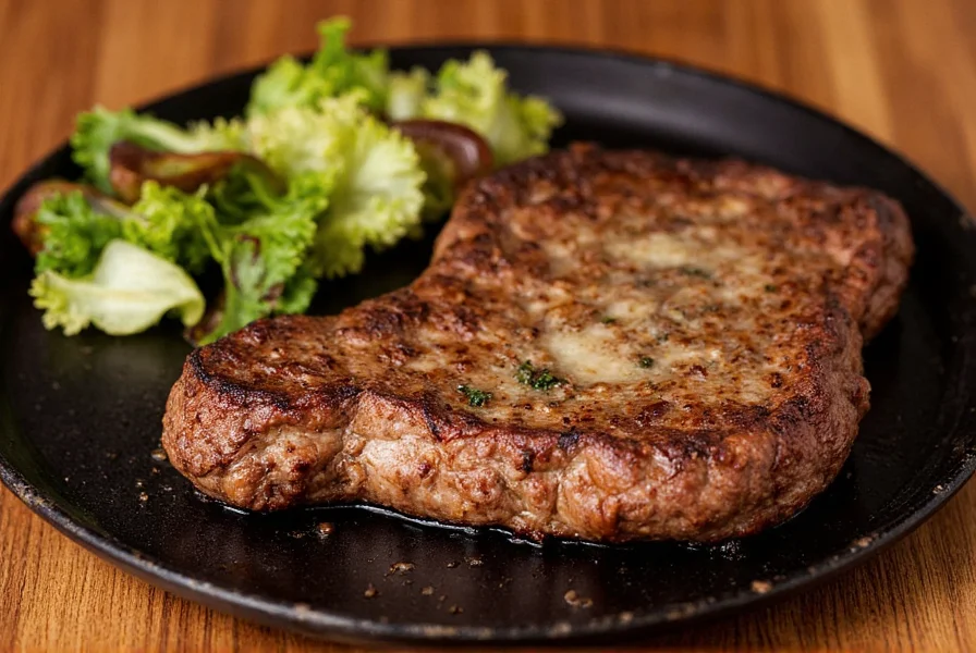Cast iron plate with sizzling ribeye steak and garlic butter sauce for Pepper Lunch recipe
