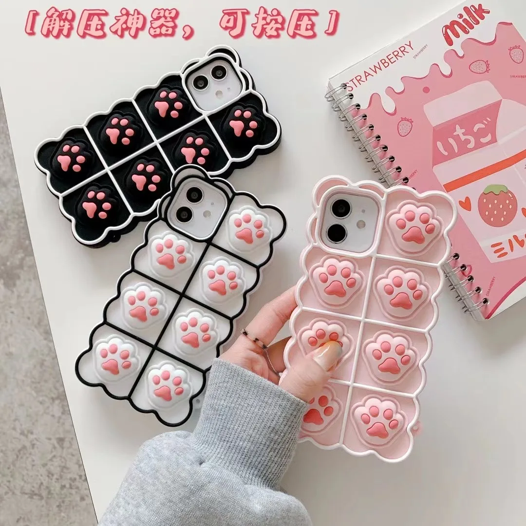 

Anti Stress Reliver Silicon Push Pops Bubble Fidget Toy Phone Cover 3D Pops it Cat Paw Claw Phone Case for iPhone 8 X 11 12 Pro