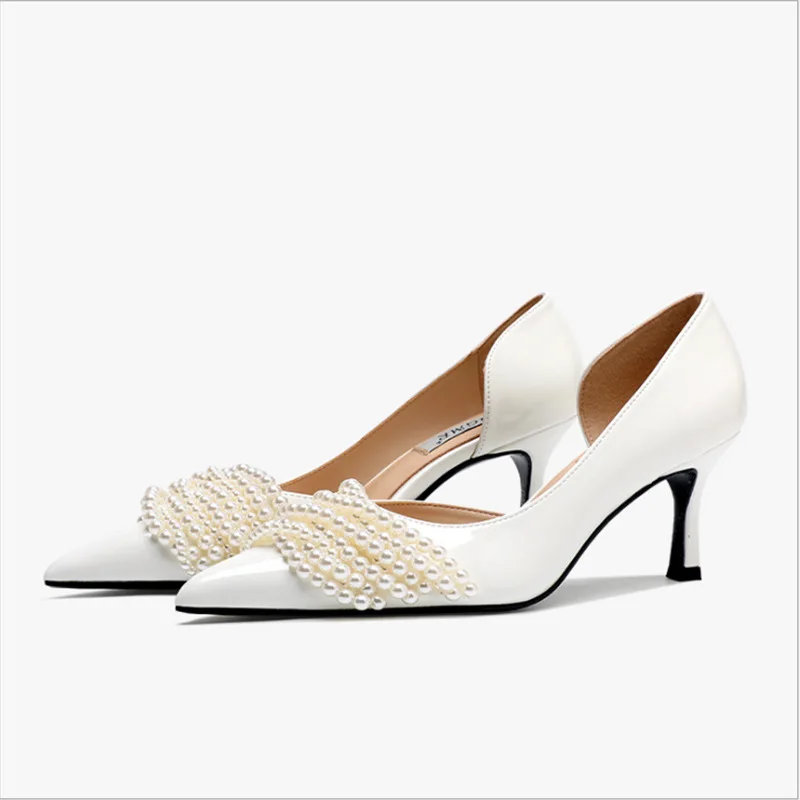 

S0075B Top selling customized pearl sheepskin pointed toe low-top solid color women's single shoes stiletto high heels