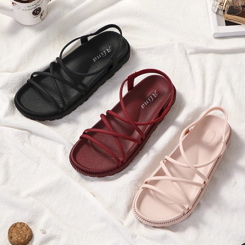 

New Style Strappy Sandal for Women PVC Fairy Shoes Flat Heel fashion Comfortable Sandal for Women, Black,pink,wine, beige, green, grey and brown