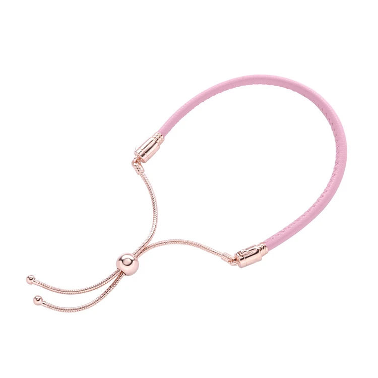 

Fashion jewelry customized design exquisite rose gold pink leather slider bracelet, Silver color