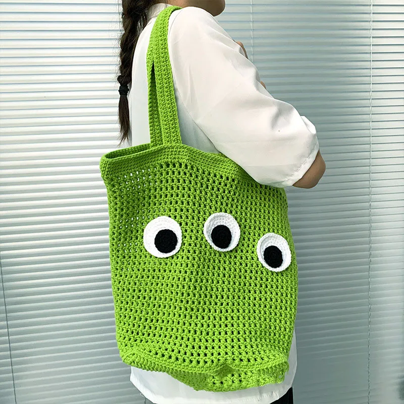 

3 Eye Green Woolen Yarn Hand Woven Bag Women Knitted Diy Material Bag Finished Shopping Bag