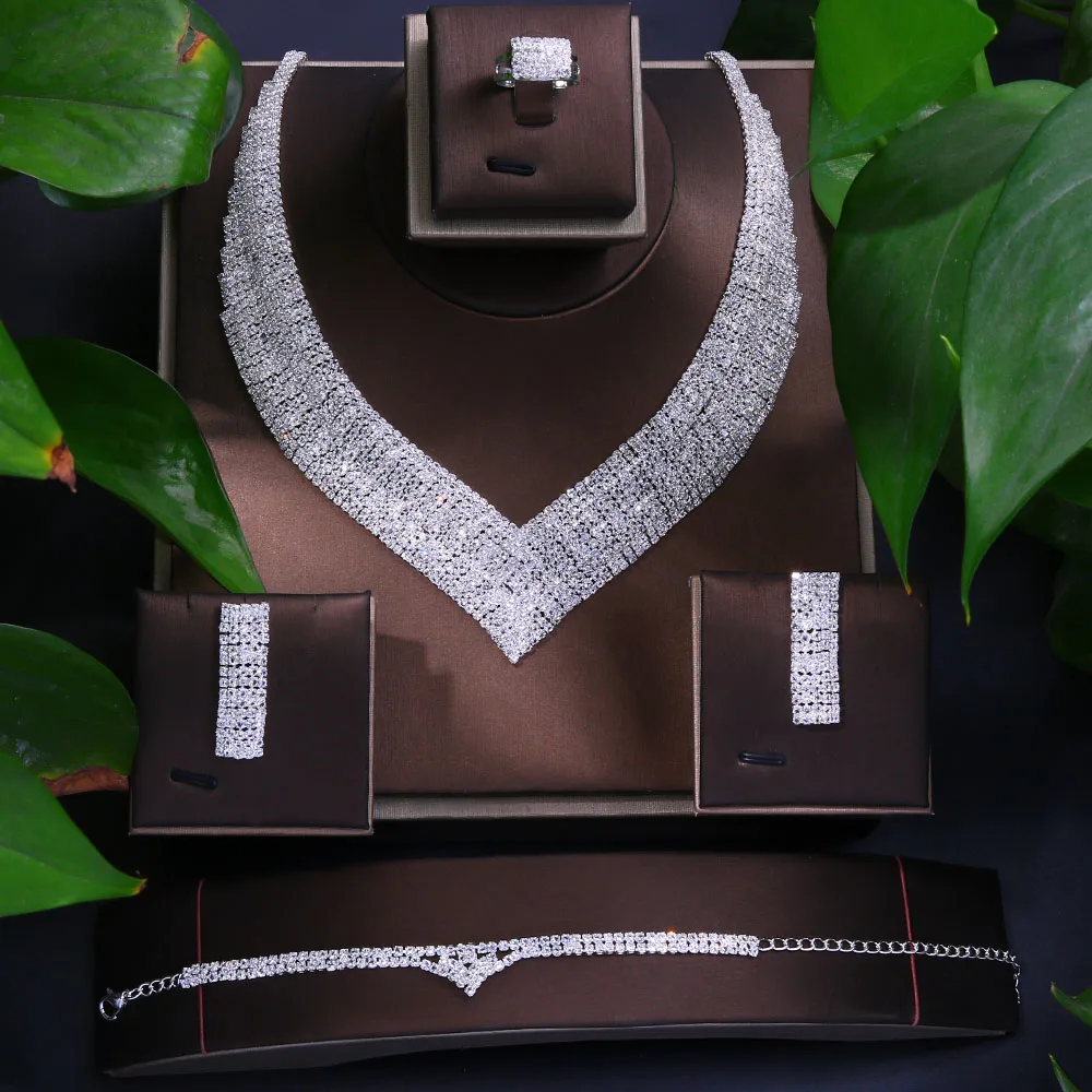 

Fashion Simple Crystal Necklace Set Square Shape Adjustable Ring 4 Pieces Jewelry Set for Wedding, Silver