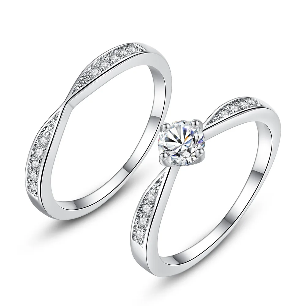 

Couple Jewelry 2pcs Set Full Paved CZ Crystal Engagement Ring Cubic Zircon Geometric Finger Ring