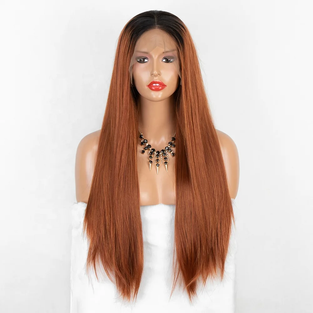 

Aliblisswig 30" Extra Long Straight Heat Resistant Fiber Hair Dark Root Two Tone Ombre Copper Red Synthetic Lace Front Wig, Ombre brown