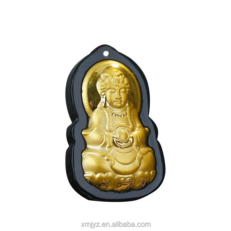 

Gold Inlaid Jade Guanyin Buddha Pendant Hetian Black Jade Inlaid Pure Gold Thick Couple Necklace Maitreya Buddha Jade Pendant