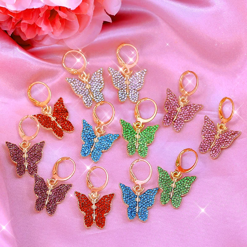 

2020 New Fashion Jewelry Colorful Rhinestone Wings Insect Earrings Crystal Butterfly Drop Earrings For Women, Gold,silver color