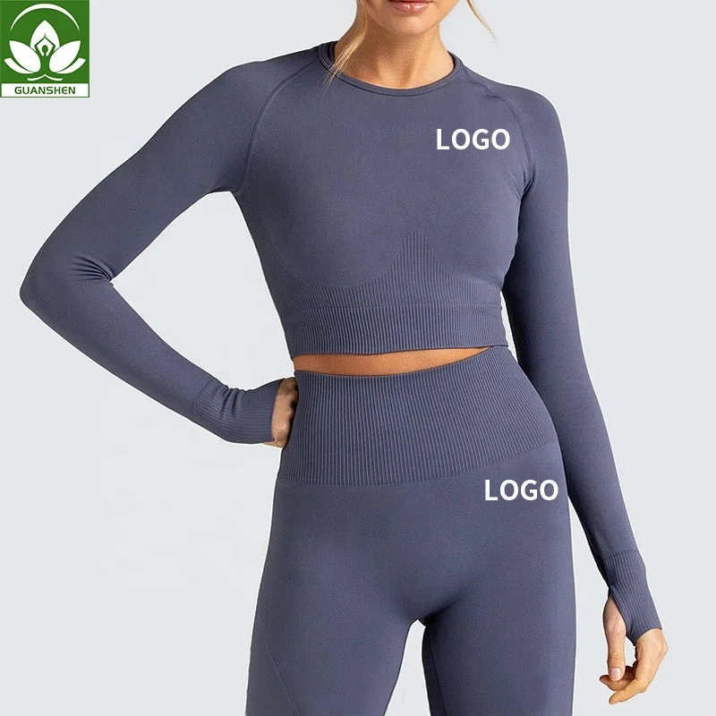 

2021 Wholesale Gym Leggings And Long Sleeve Crop Top Sports Set Wholesale Seamless Fitness Yoga Wear Women