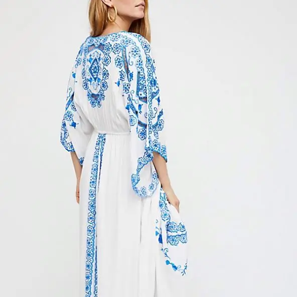 

Printing Blue and White Porcelain women V neck embroidery cover up overall bohemian long maxi beach dress lady clothing robe