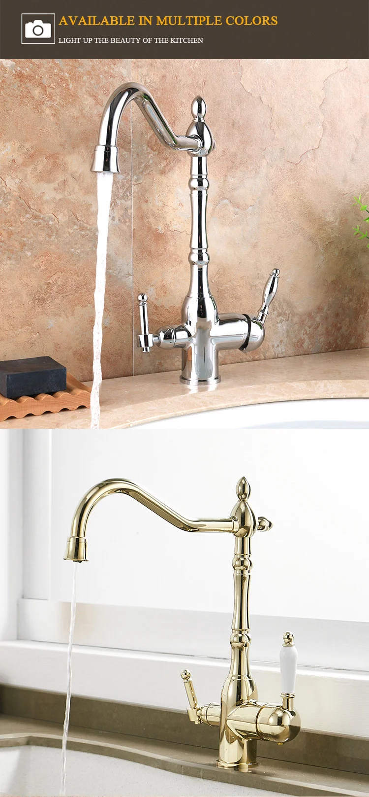Flat feet double open ceramic handle ISO kitchen faucet