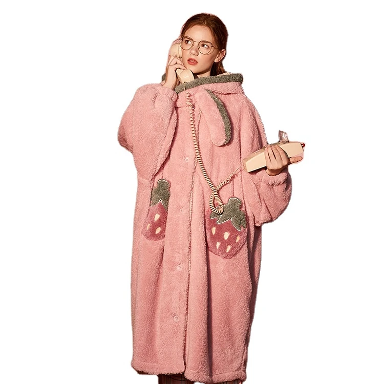 

Nightgown female autumn and winter thick coral fleece pajamas lovely big size loose in long bathrobe flannel home clothes