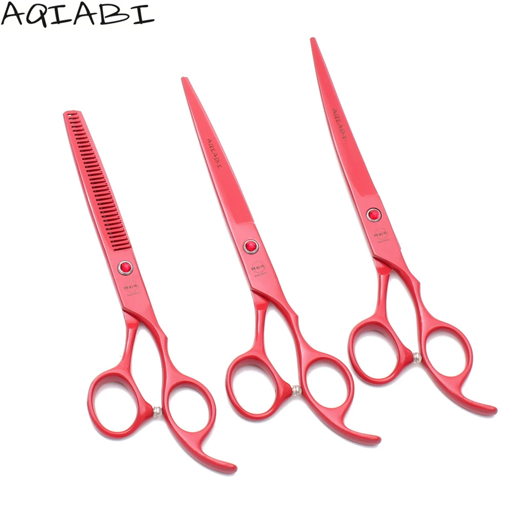 

Dog Grooming Scissors 7" AQIABI JP Steel Cat Dog Curved Scissors Straight Shears Thinning Scissors A3103, Red handle