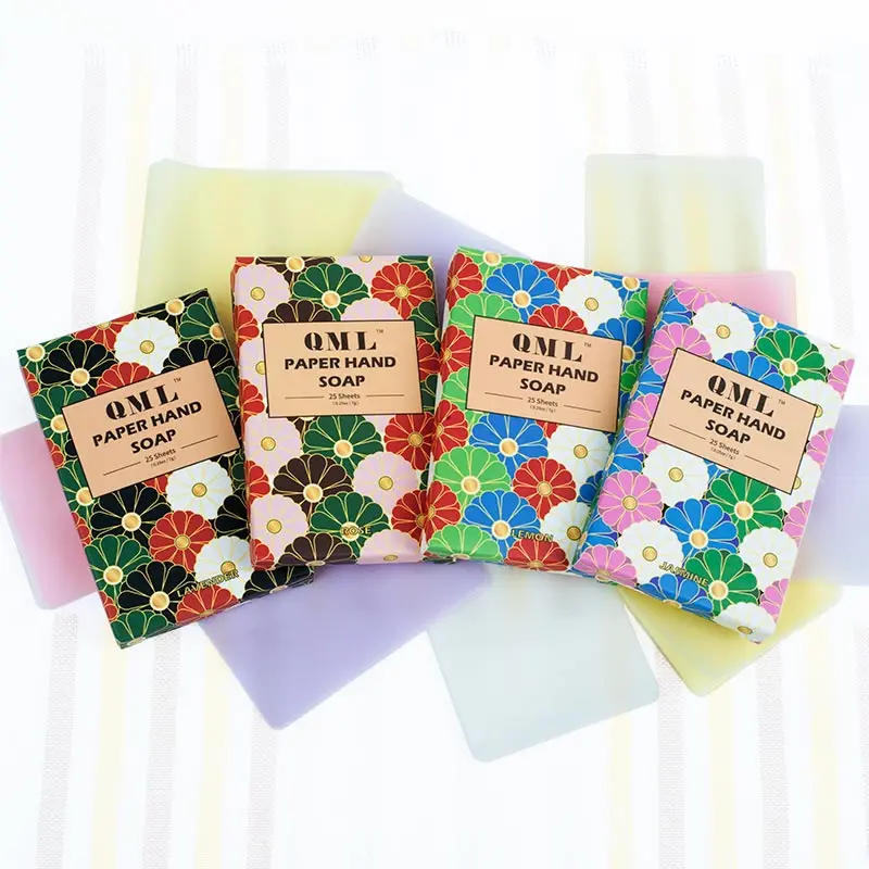 

Hot Sell Travel Supplies Best Present Portable Disposable Health And Environmental Protection Soap Mini Paper Soap 8 x 25 Sheet, Mixed color