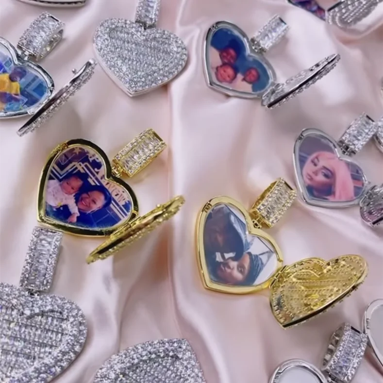 

Customised Necklace Personalized Heart Photo Frame Pendant Zircon Hip Hop Necklaces, Picture
