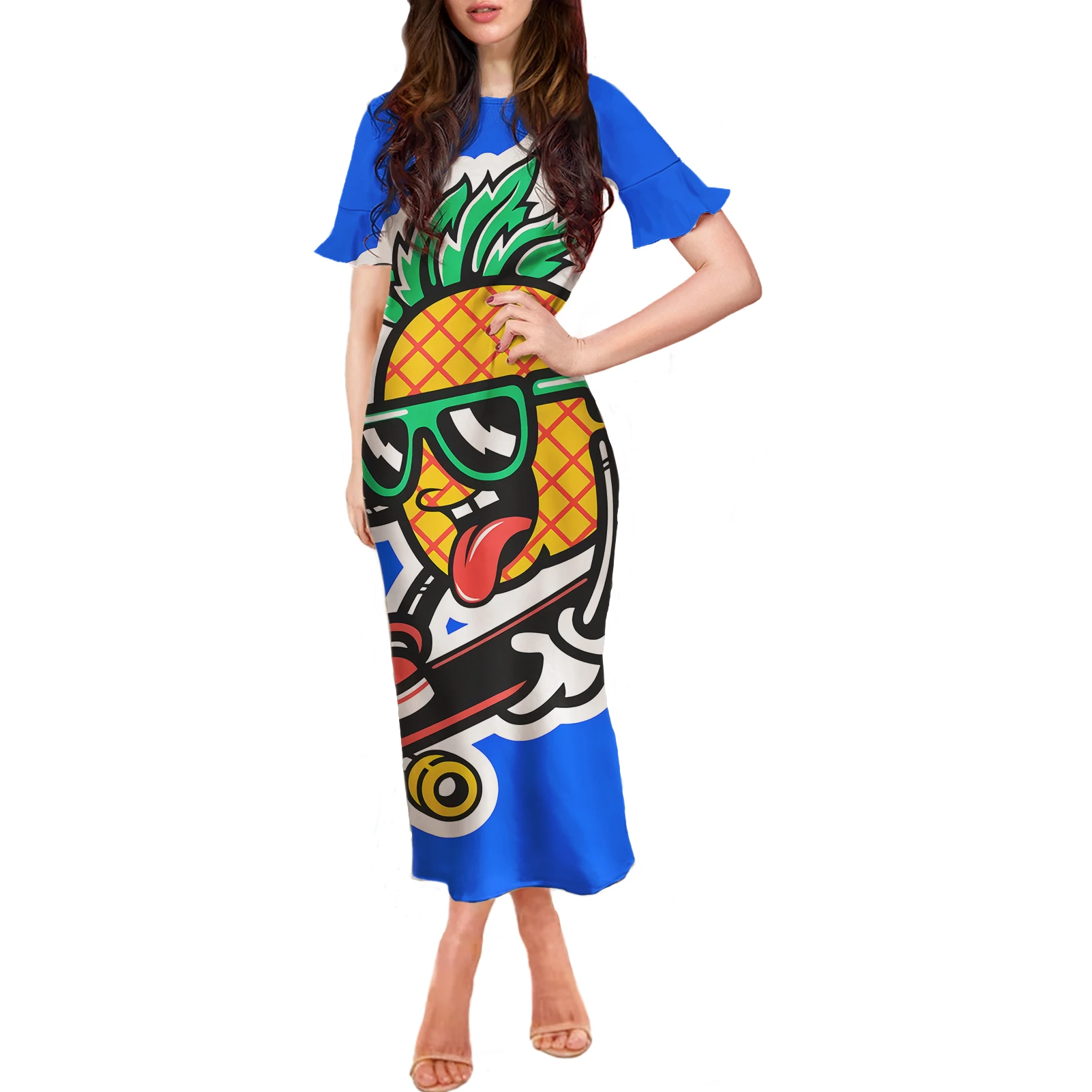 

Wholesale Dress Casual Women Ruffle Sleeve pineapple Printing Clothing Design Maxi Dresses Women Long dress Custom Logo