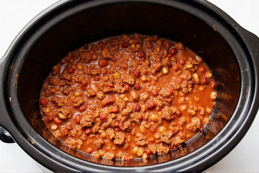 Classic beef crockpot chili recipe with ground beef, beans, and spices in a slow cooker