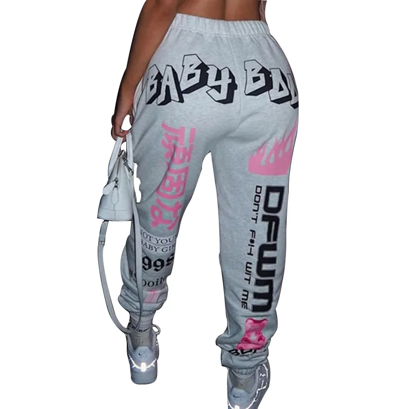 

2021 New Arrivals Chic Design Fashion Graphic Joggers Girl Graffiti Streetwear Women High Waist Drawstring Long Pants, As picture