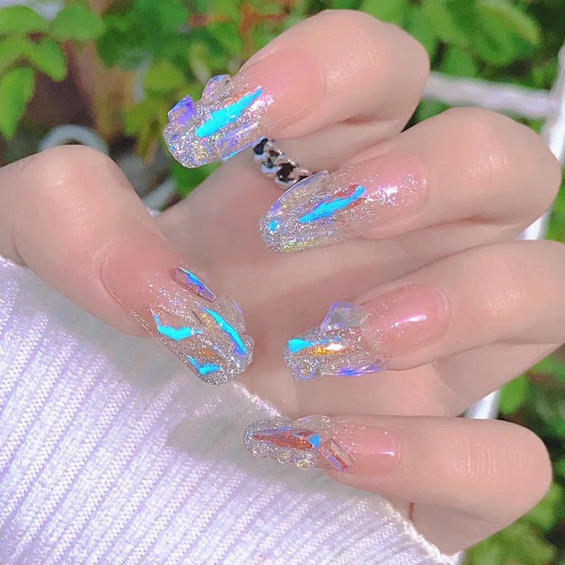 

NA-191 Rhinestone Aurora Style Lady Bling Bling Glow 3D Acrylic Nails Artificial Nails With Nail Art, Customized color