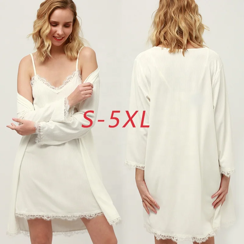 

2022 Fashion trend knitted night dress sexy suspender splicing lace underwear with coat women's pajamas sexy home wear two piece
