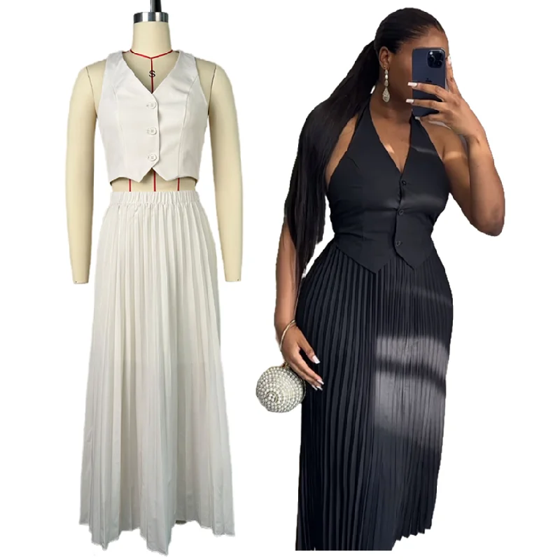 HK7555 Latest Design Summer Skirt Sets Women 2 Piece Outfits for Women Solid Color Halter Neck Vest Top and Pleated Skirt Set