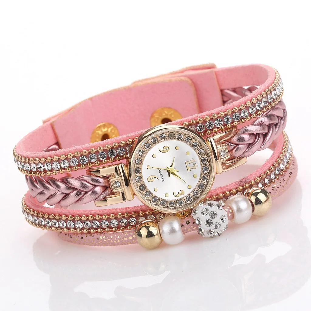 

Fashionable vintage women's looped bracelet watch diamond pearl beaded leather watchband compact woven rope women's watch reloj, 6 colors