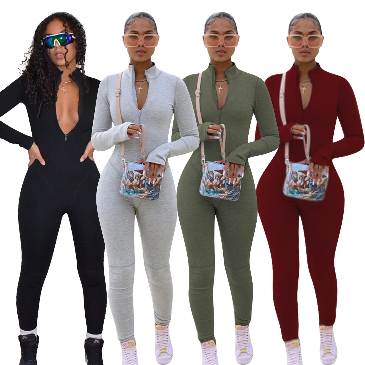 

Solid Color One Piece Rompers Fall Jumpsuits Ladies Sexy Zip Up Bodycon Playsuit Long Sleeve Jumpsuit For Women, 4 colors for selection
