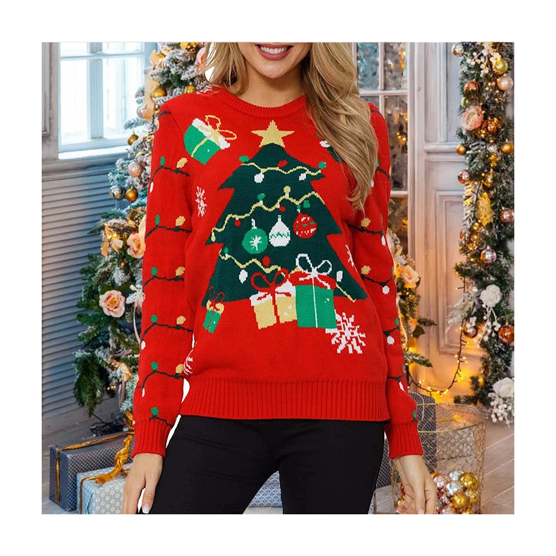 

KCYA 2021 New Women Knitted Jacquard Sweater Red Reindeer Christmas Sweater