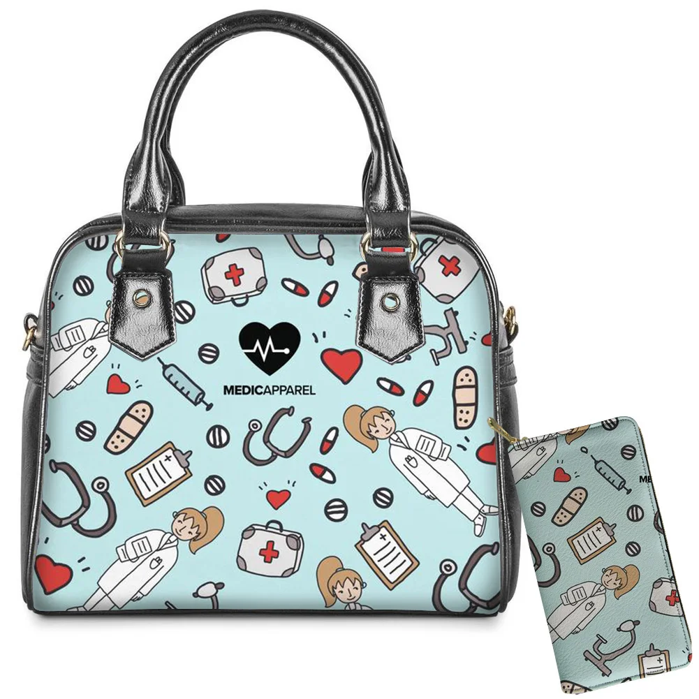 

Harajuku seamless cartoon pattern handbags kawaii nurse and doctor work equipment print purses and handbag 2pc/set soft leather
