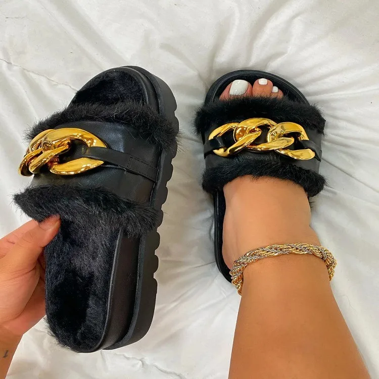 

Thick-bottomed gold chain fur slippers fake mink fur slippers, Customized color