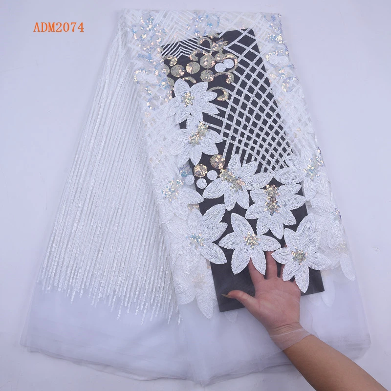

New Arrival African Tulle Lace Fabric Guipure Lace Fabric Pure White French 3D Flowers Net Lace Fabric With Sequins 2074