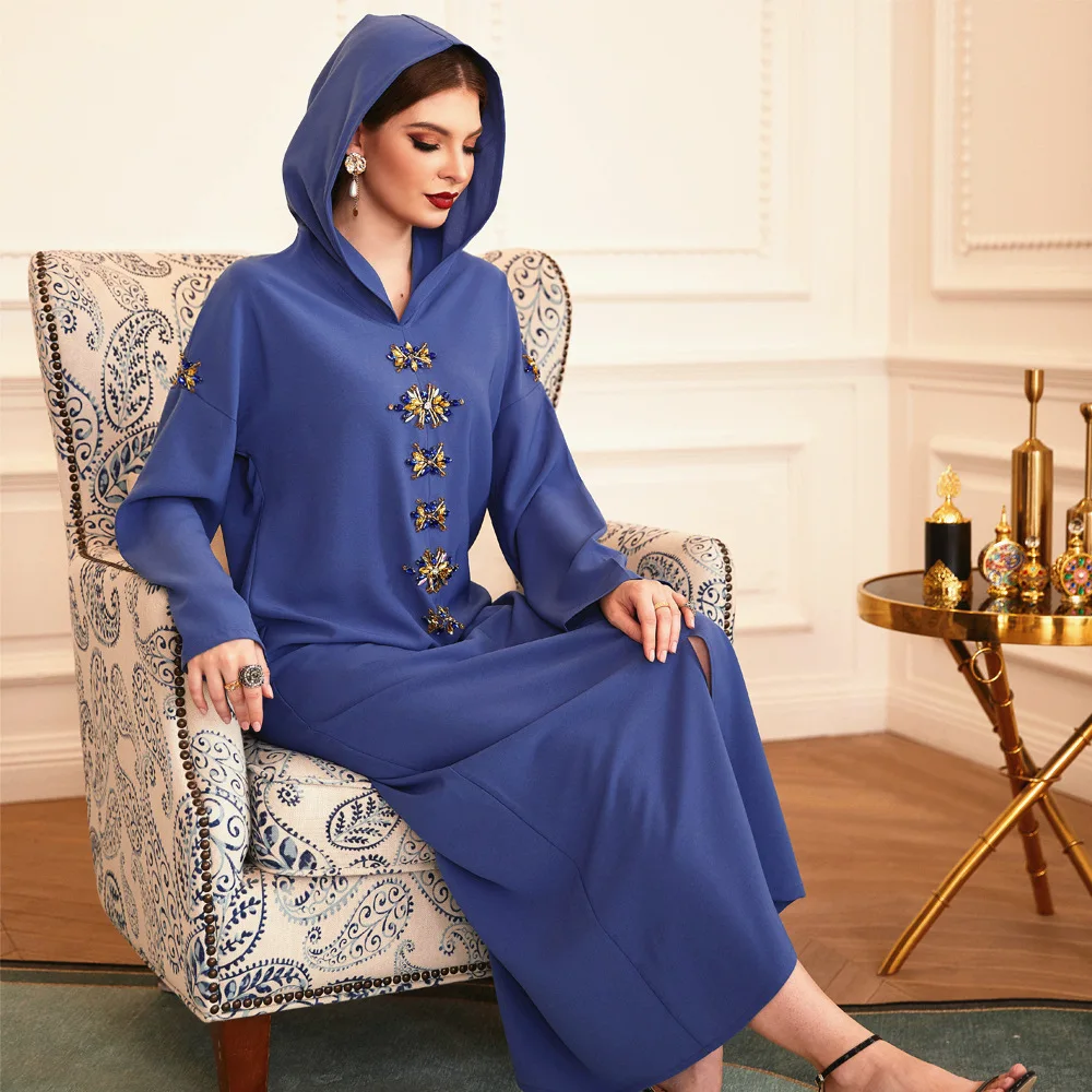 

GH- BA302 Kaftan Islam Clothing Blue-Gray Handmade Diamond Hooded Robe Morocco Long Abaya Women Muslim Dress