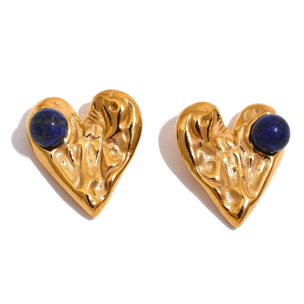 JINYOU 2330 Stainless Steel Heart Love Stud Earrings Blue Natural Stone Vintage Gold Silver Color Cute Jewelry Bijoux Women Gift