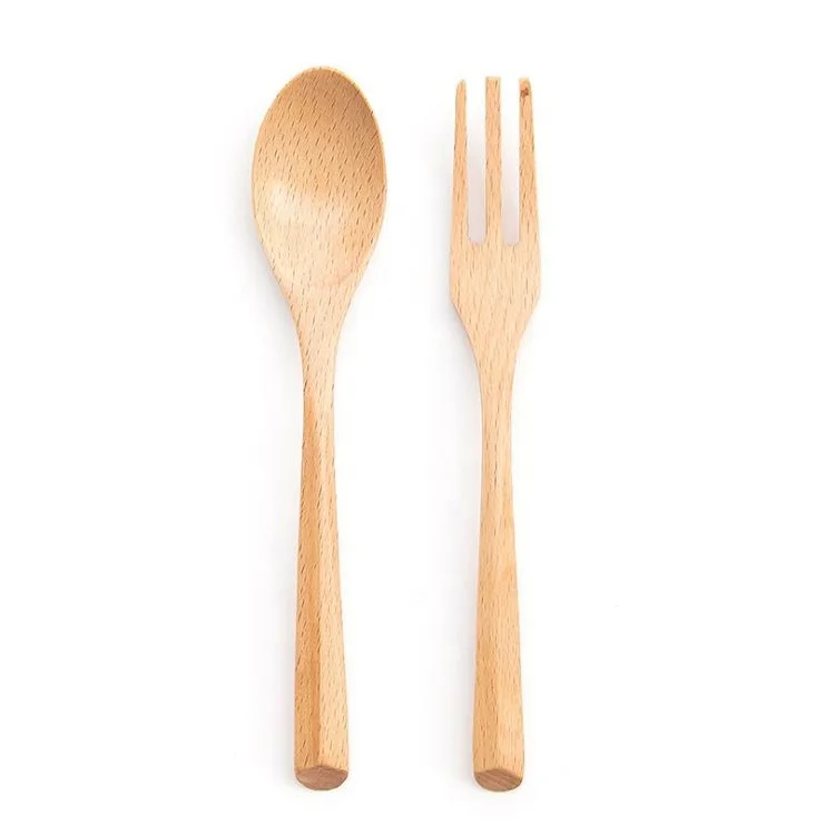 

Japanese and Korean cuttlery 19cm engraved logo pentagonal beech wooden spoon and fork set