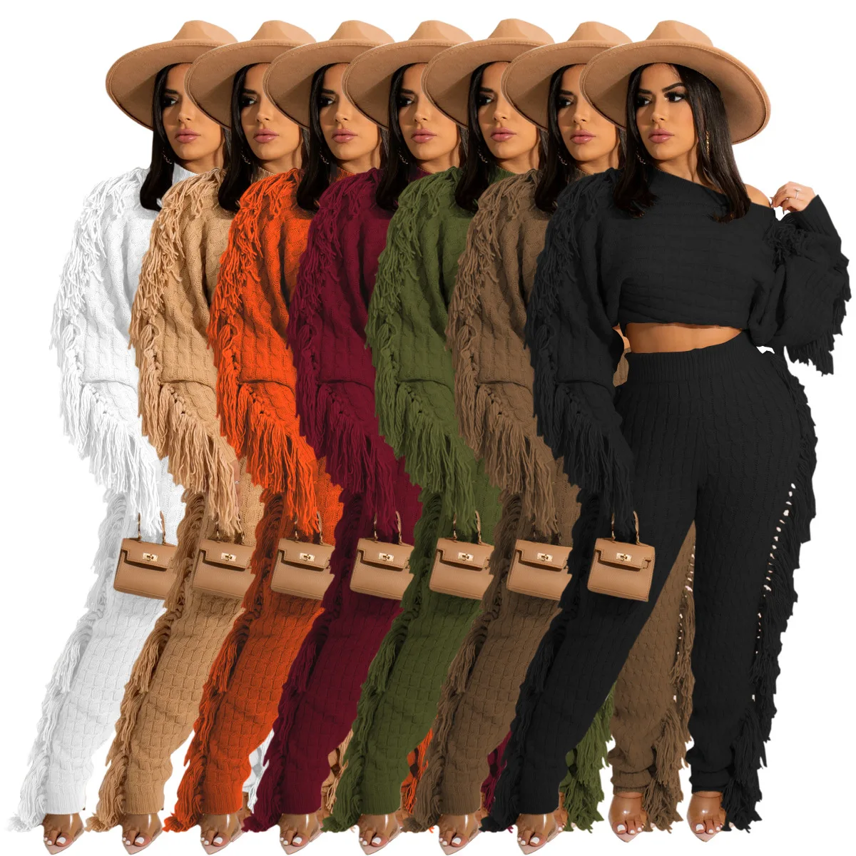 

2022 Women Girls Tassel Sweaters Knitted Two Piece Pant Sets Crop Tops Coats Joggers 2 Piece Pant Sets for Women, 7 colors