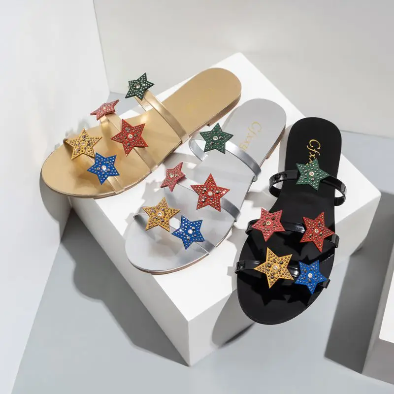 

W 2021 Summer ladies fashion Shining stars sandals flat flops solid color casual flat slippers for women, Black silver gold or customized