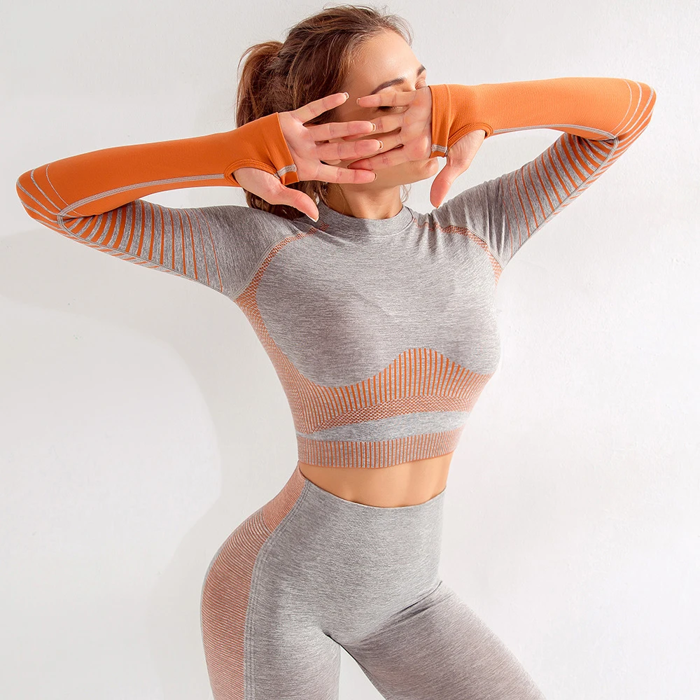 

Long Sleeves Seamless Fitness Yoga Wear Sets Women Workout Jogging, Gray, pink, orange
