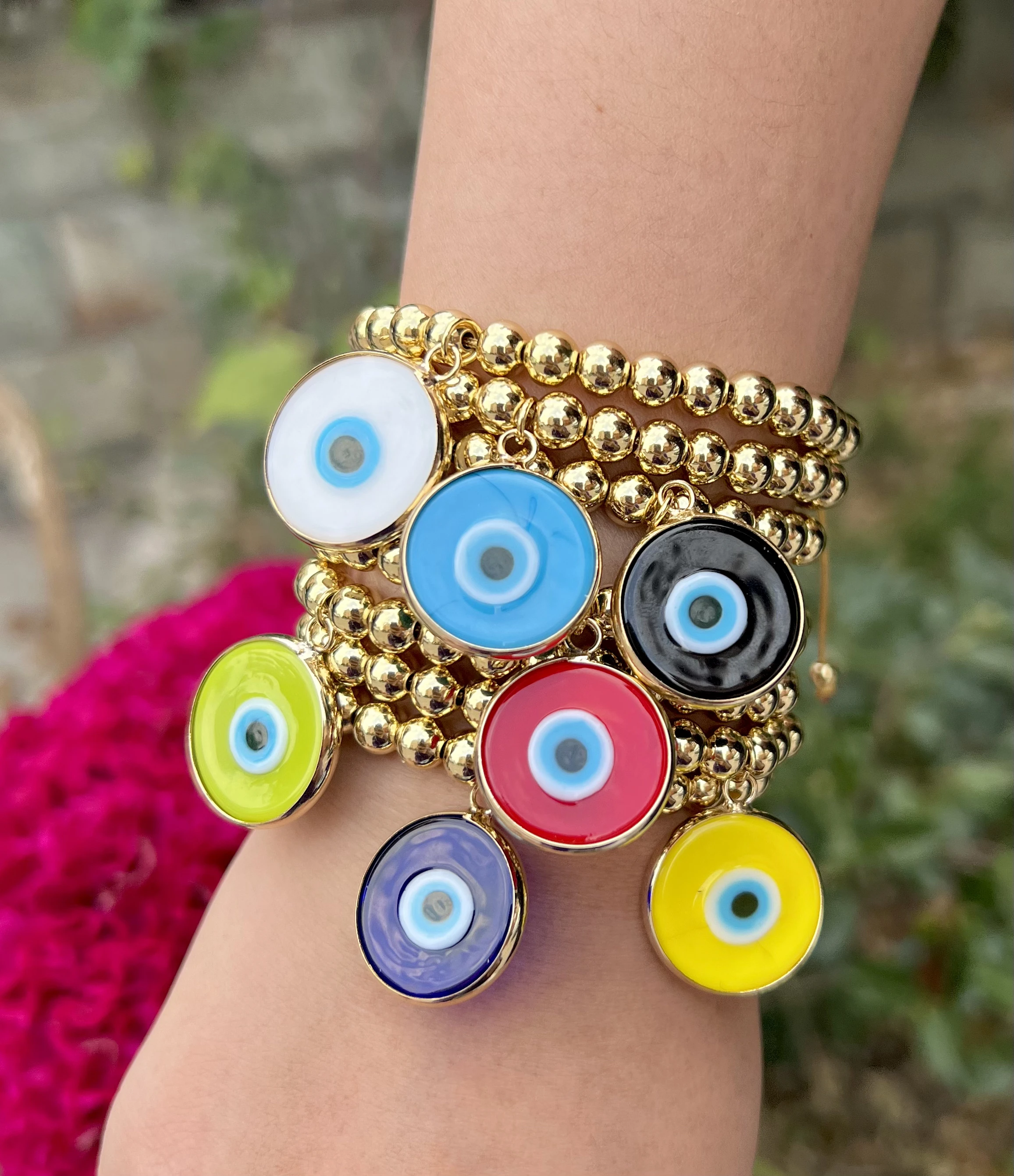 

Colorful round Turkish eye oil dripping large copper bead bracelet adjustable for women men, Colors