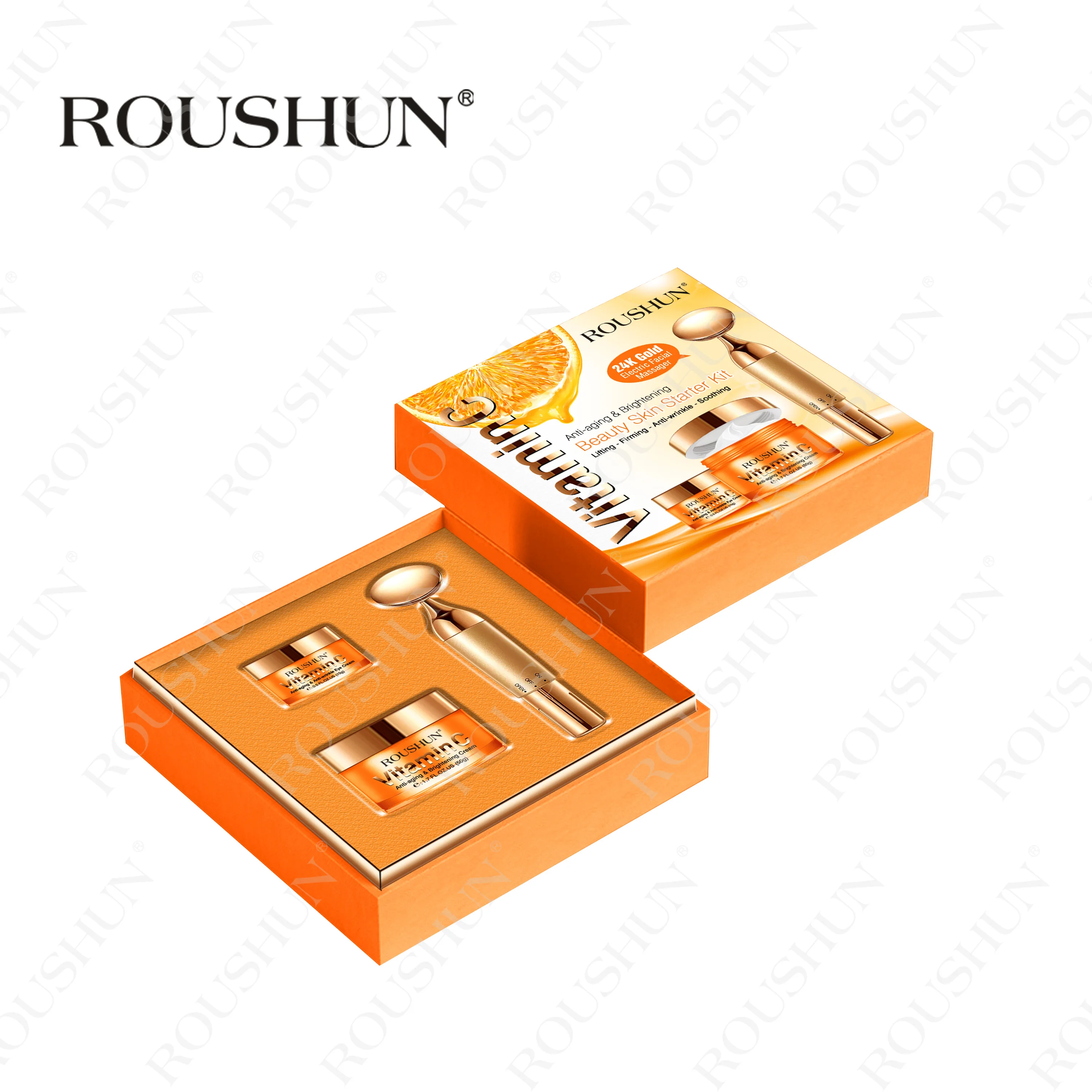 

ROUSHUN OEM ODM VC Skincare Set 24K Gold Customize Moisturizing Whitening Face Beauty Products Organic Gift Skin Care Set