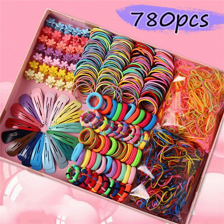 

Low MOQ 780 piece set mixed color little girl elastic hair band hair claws and clip girls accessories