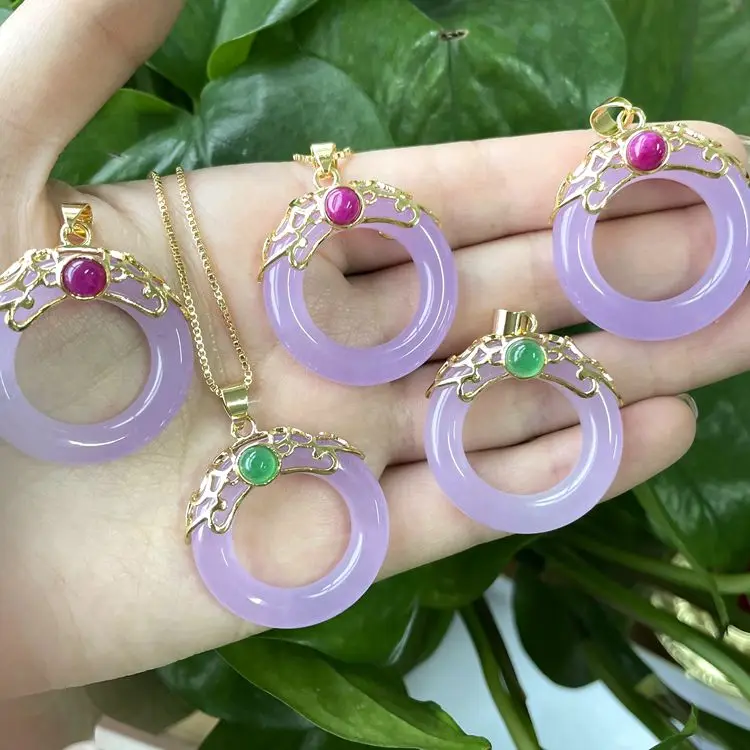 

wholesale jade gold plated circle pendant jade stone purple lavender jewelry Necklace, Picture shows