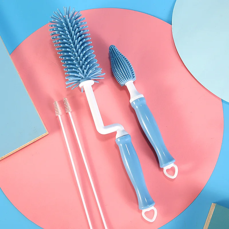 

Amazon Hot Sale Long Handle Reusable Multi-Use Food Grade Silicone Baby Milk Bottle Nipple Straw Brush Cleaner Set For Baby, Photo