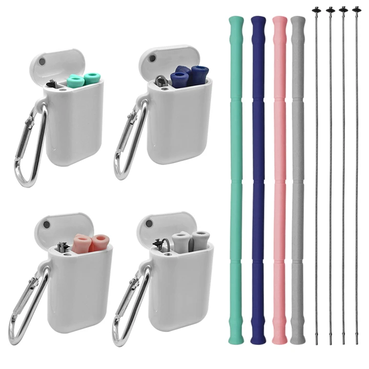 

FBA free food grade portable reusable collapsible silicone straws with carabiner case, Pink;green;blue;grey