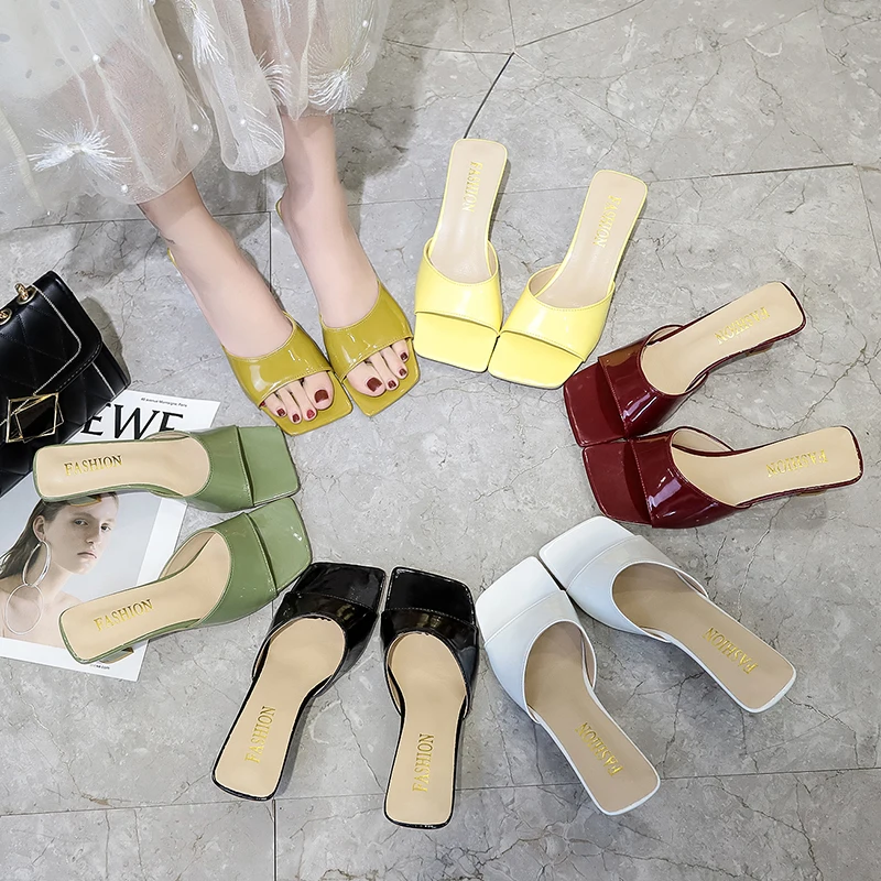 

Simple square high heel sandals women slipper 2085, Black,yellow,red,white,green
