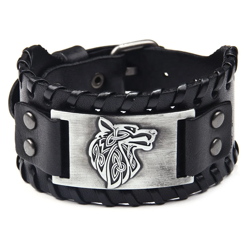 

New Fashion Wolf Accessory Viking Bracelet Men's Carved Leather Bracelet