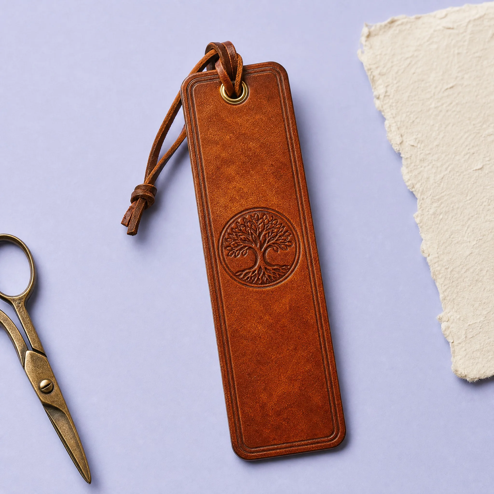 Custom Full Grain Vegetable Tanned Leather Bookmark with Embossed Tree of Life and Brass Eyelet