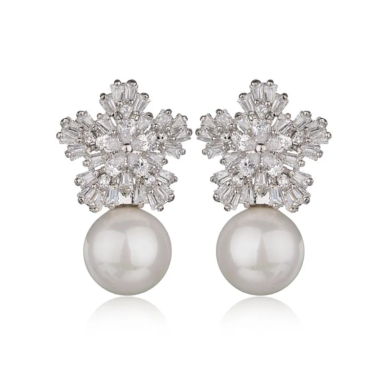 

925 Sterling Silver Pearl Zircon Earring, CZ Zirconia Snowflake Pin stud earings for women 2020, Gold/silver