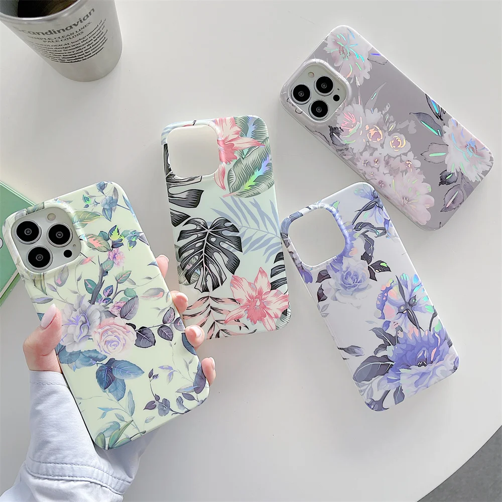 

Fashion Colorful Printed Cover i phone 12 pro max Glitter Leaf Flower Women Girl Mobile Phone Case For iphone 12 11 13 xr, 4 colors